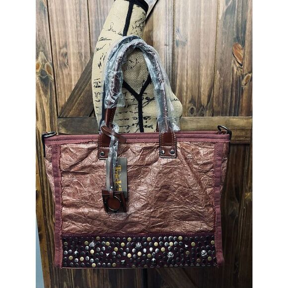 Treska Boho Studded Burgundy Western Tote Bag Purse - Picture 2 of 9